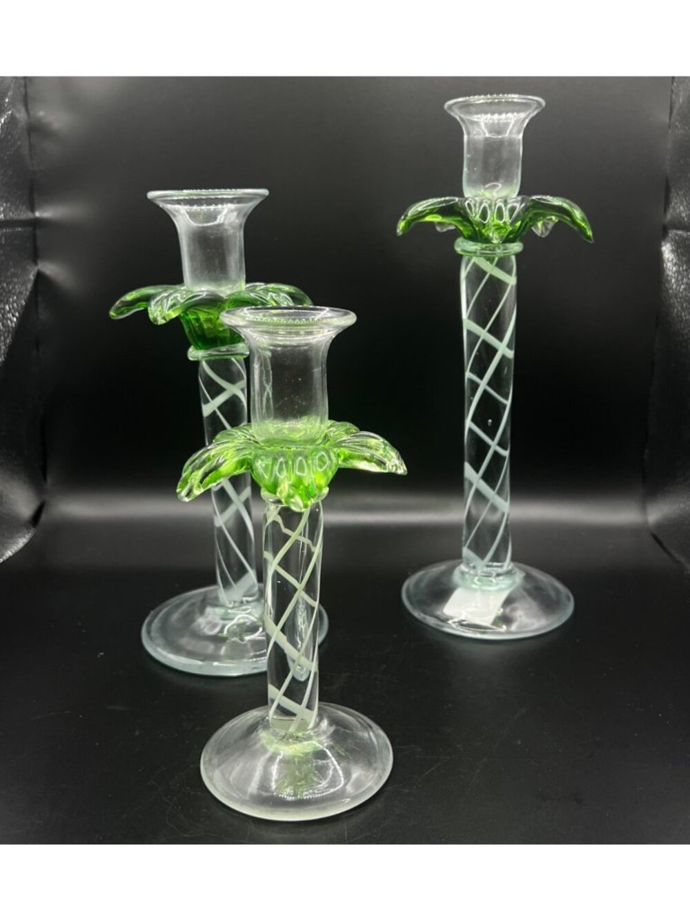 Hand-Blown Palm tree Glass Candlesticks Green Leaf Swirl Design Vintage Set Of 3